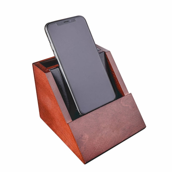Dacasso Walnut and Leather Desktop Cell Phone Holder AG-8450 - main